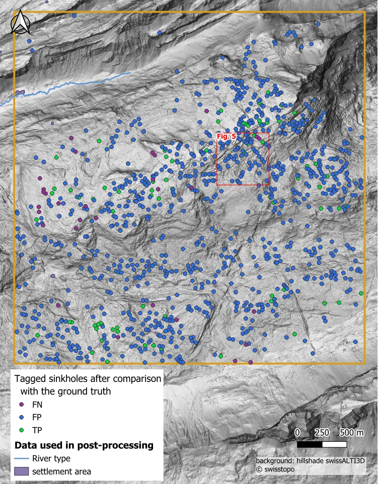 TP, FP, and FN as dots corresponding to the doline centroids for the bare karst area